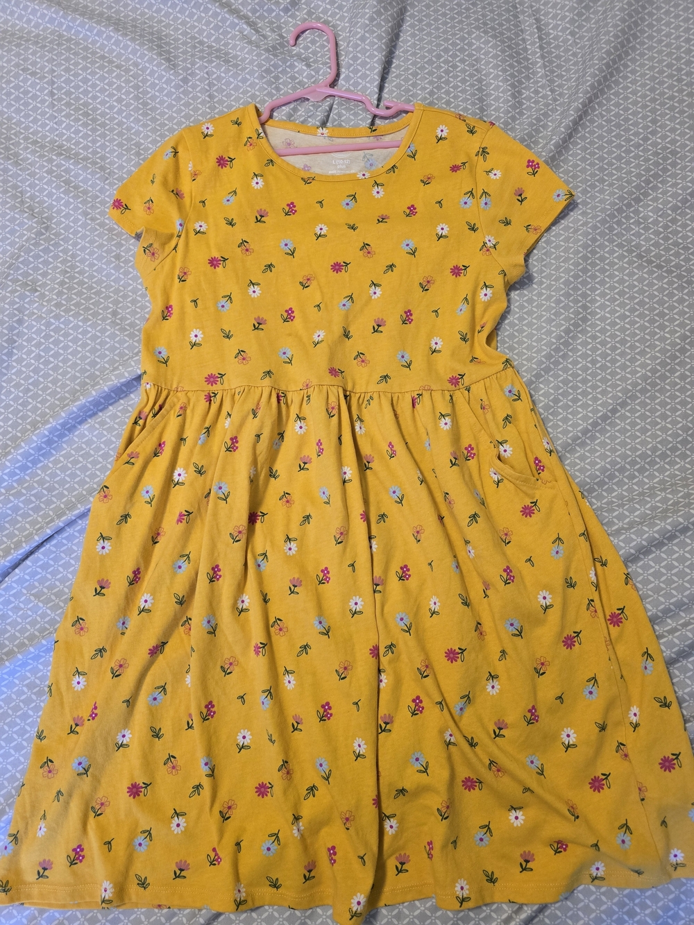 Wonder Nation Yellow Floral Short Sleeve Dress with Pockets Plus Size L (10-12)